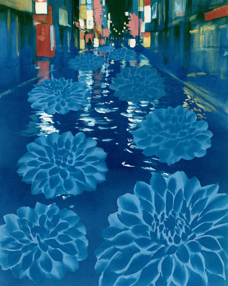 Neon spills into blue floodwater