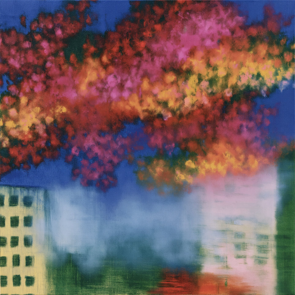 Trees above blurred windows