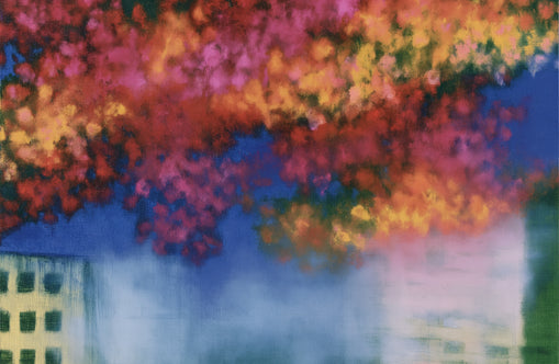 Trees above blurred windows