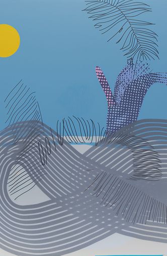 Yellow sun over striped hills