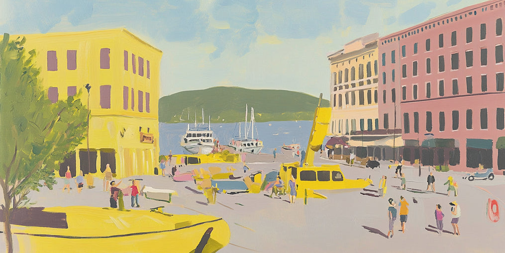 Yellow boats among pastel buildings