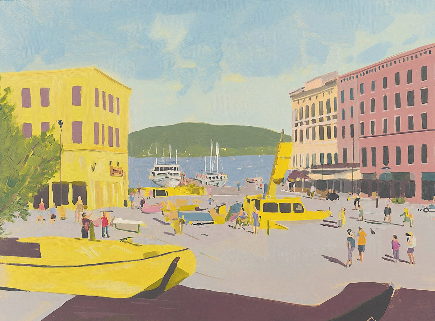 Yellow boats among pastel buildings