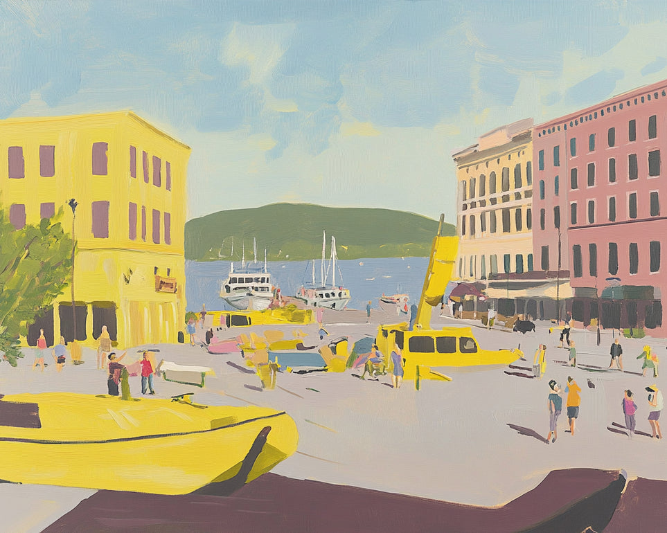 Yellow boats among pastel buildings