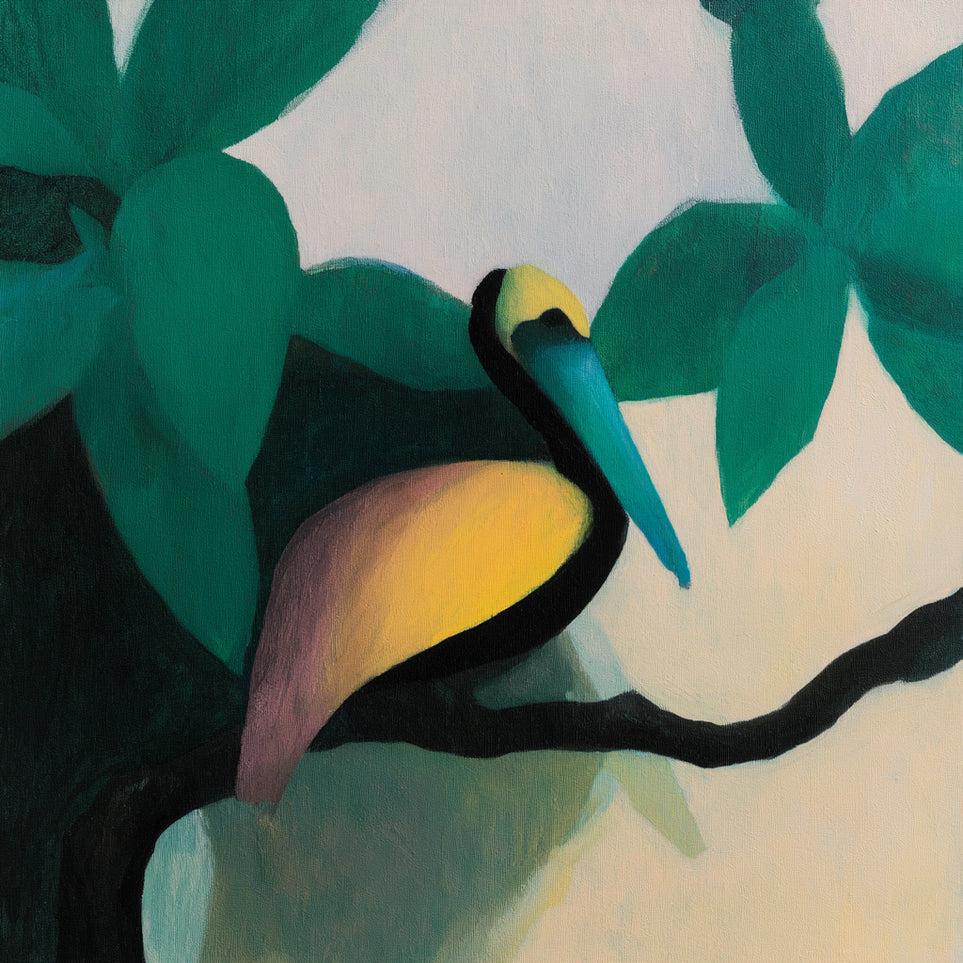Blue beak in teal leaves