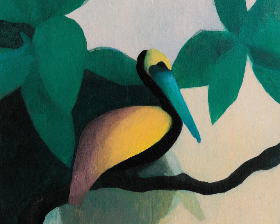 Blue beak in teal leaves