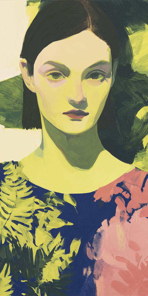 Green leaves behind her portrait