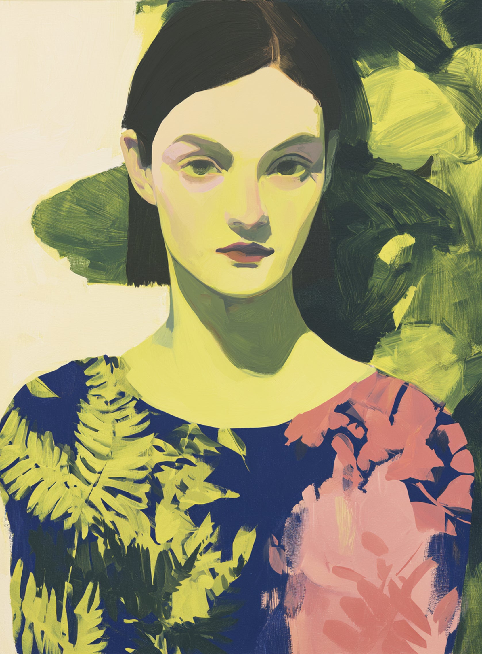 Green leaves behind her portrait