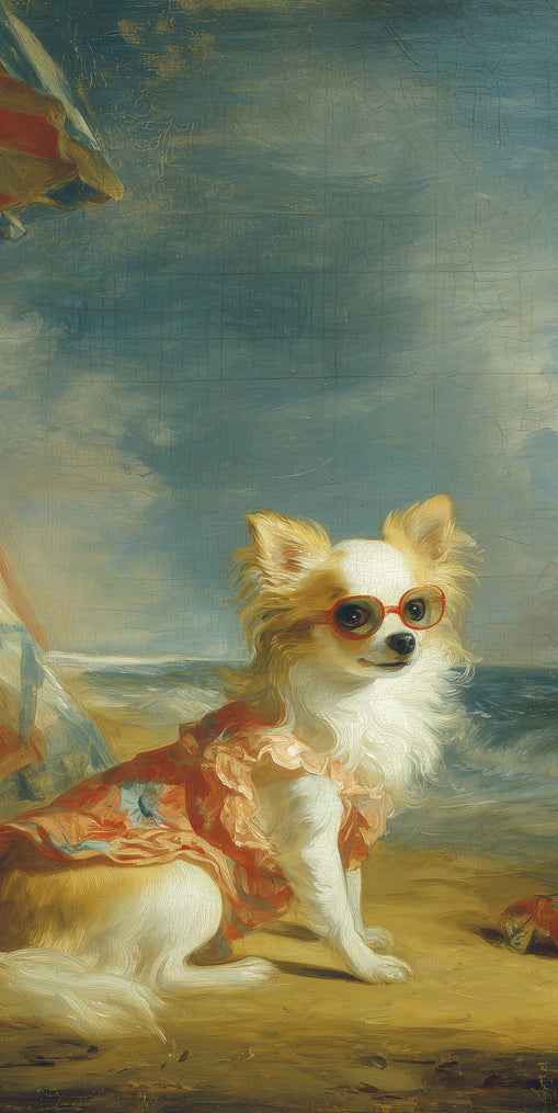 Seaside dog in red sunglasses