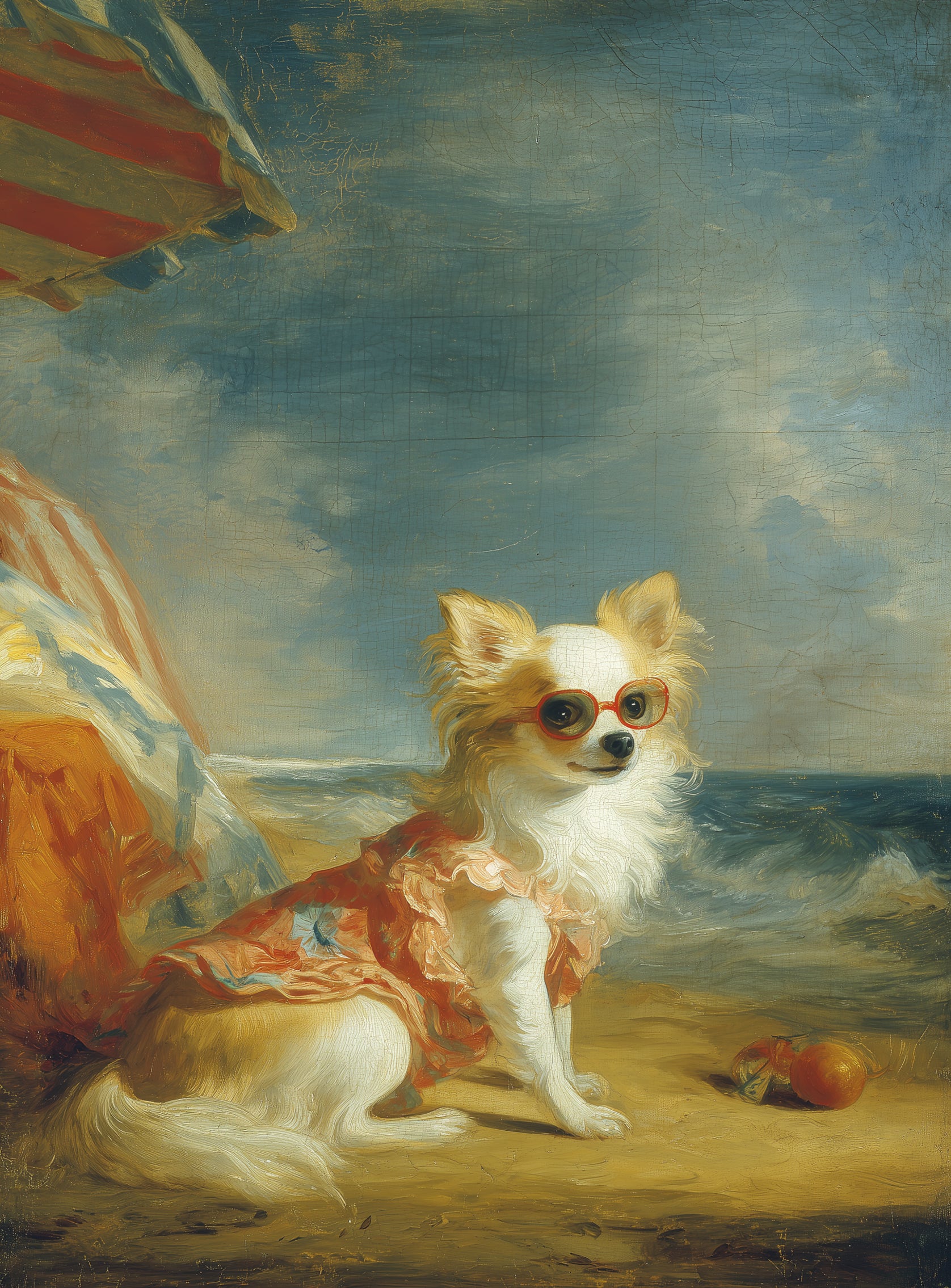 Seaside dog in red sunglasses