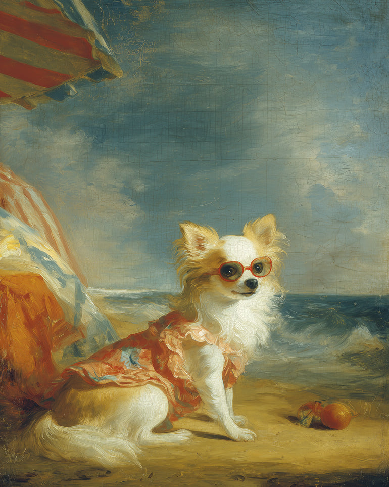 Seaside dog in red sunglasses