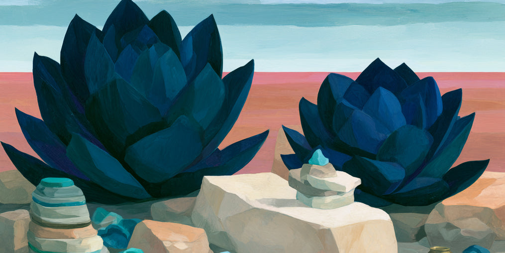 Deep blue blooms on coral ground