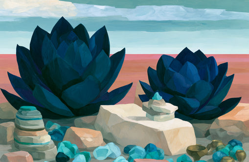 Deep blue blooms on coral ground