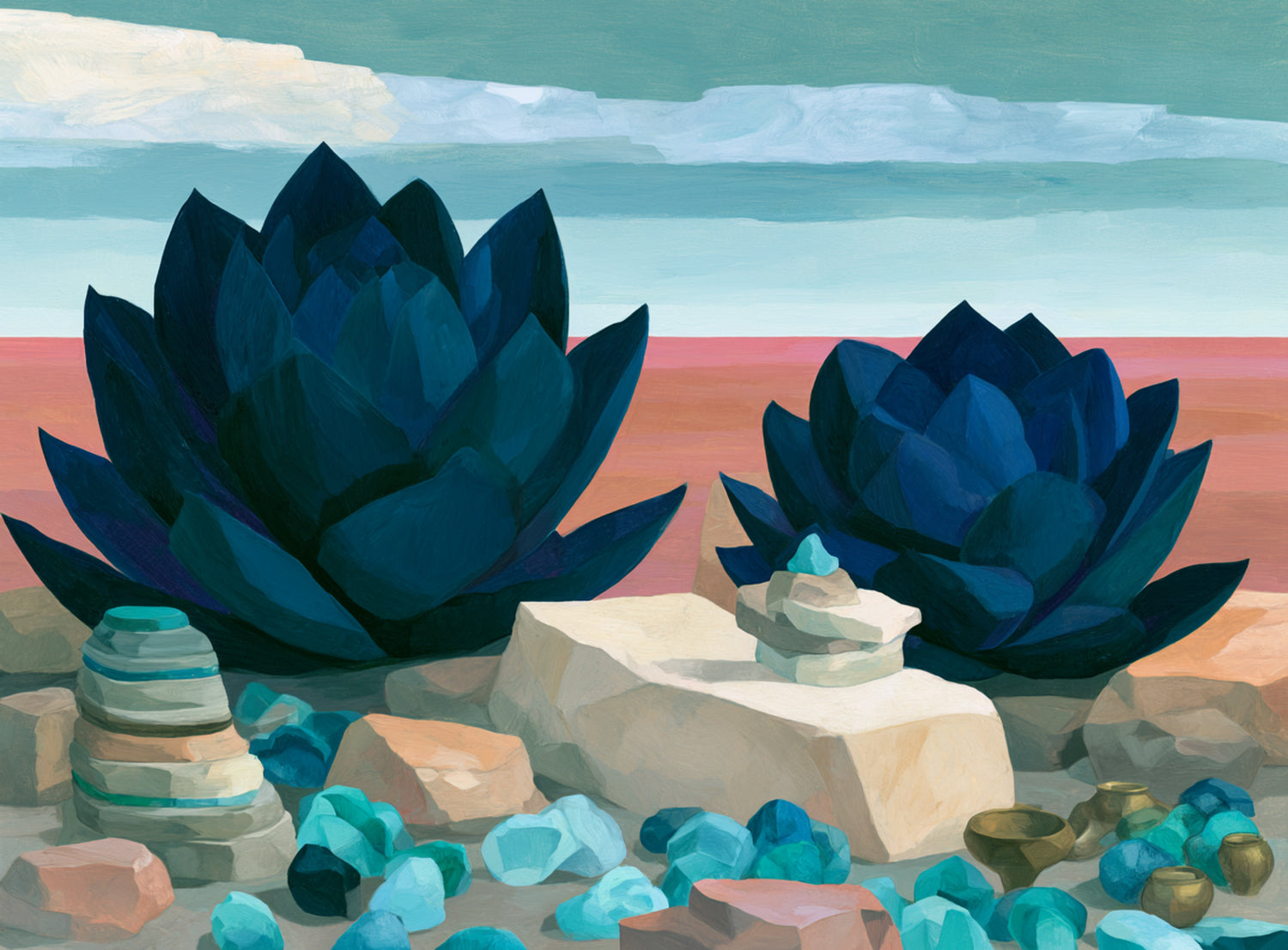 Deep blue blooms on coral ground
