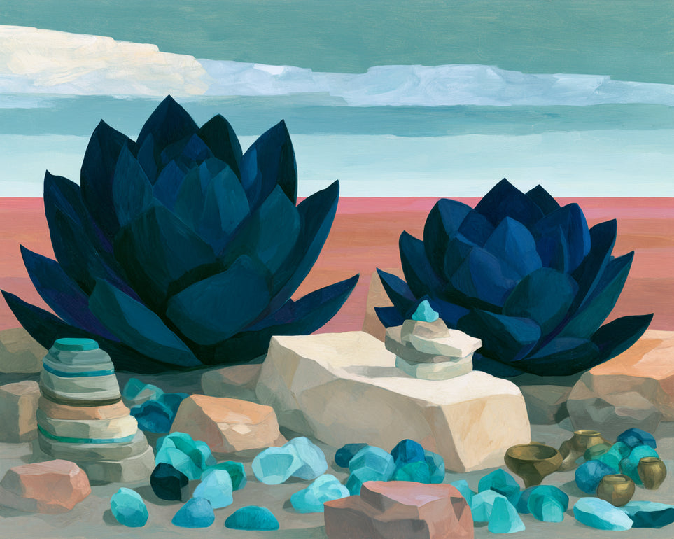 Deep blue blooms on coral ground