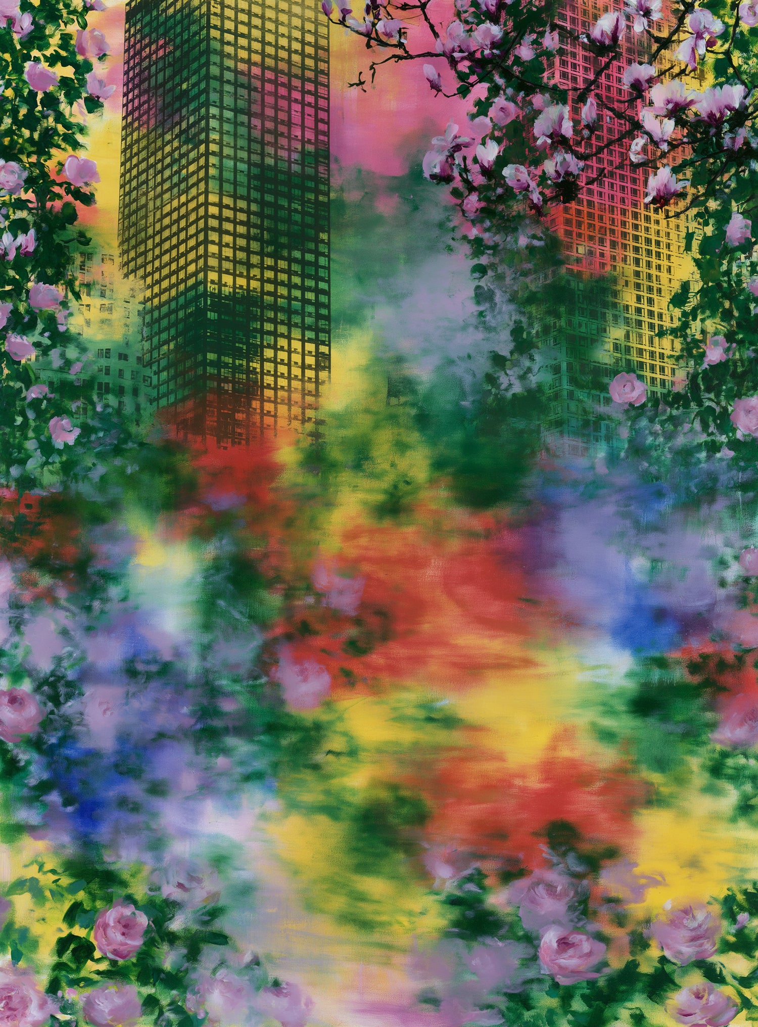 Blossoms over rainbow glass