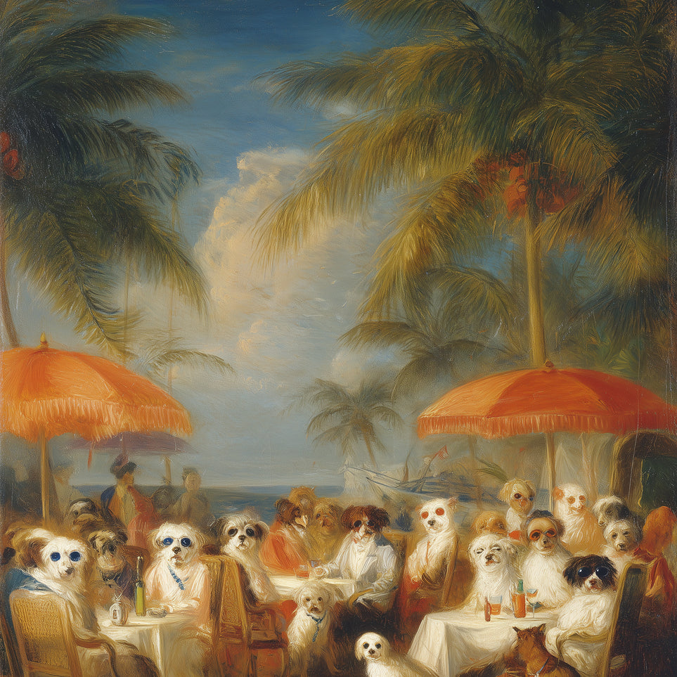 Dogs at seaside tables