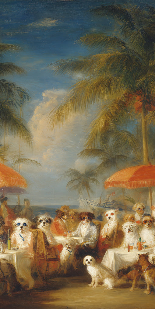 Dogs at seaside tables