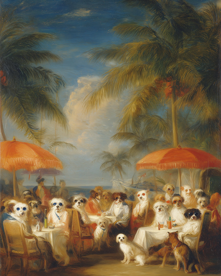 Dogs at seaside tables