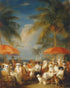 Dogs at seaside tables