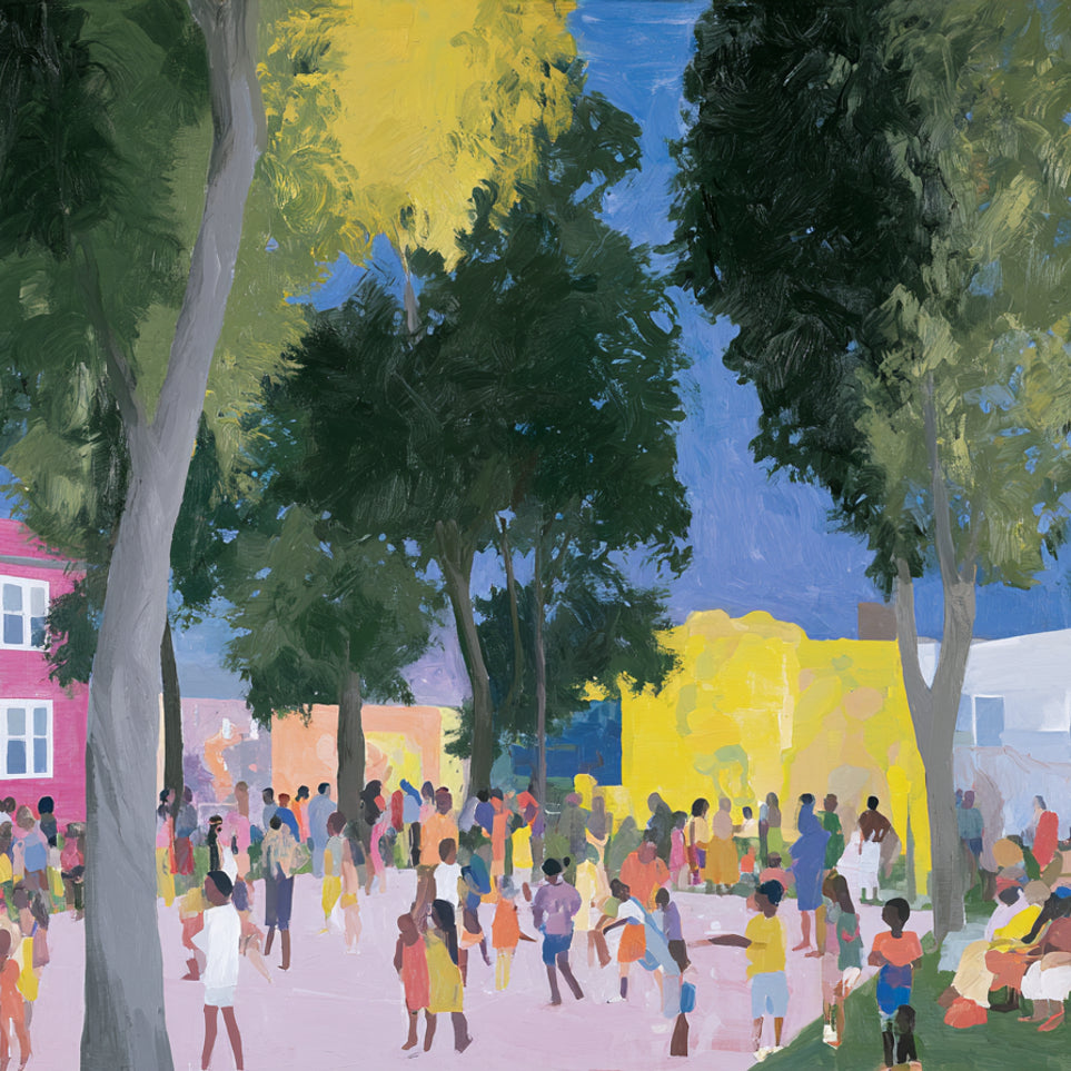 Summer crowd under tall trees