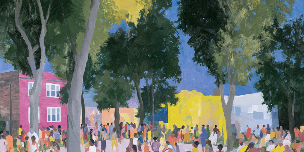 Summer crowd under tall trees