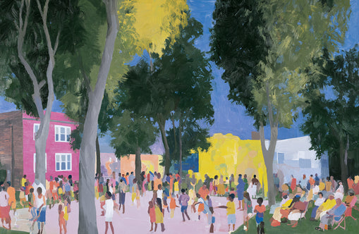Summer crowd under tall trees