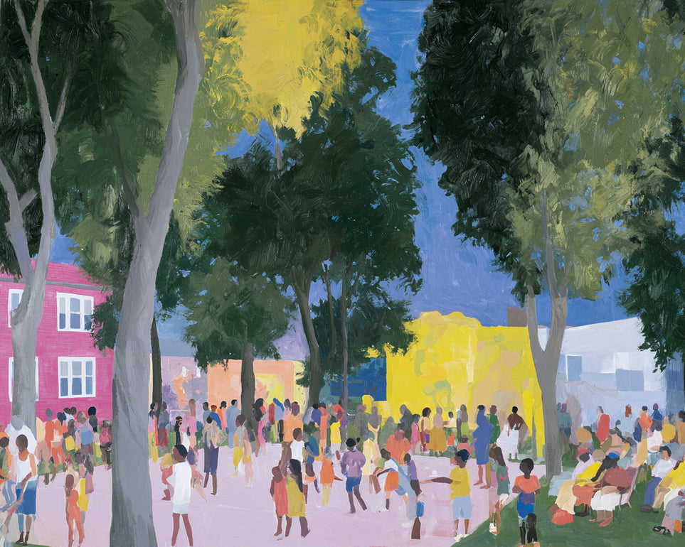 Summer crowd under tall trees