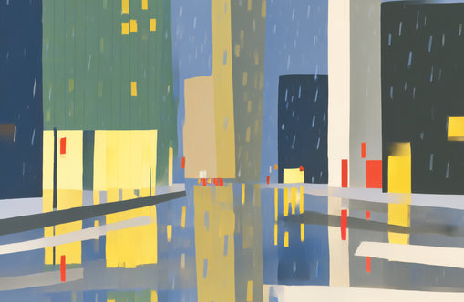 Yellow windows on wet blue street