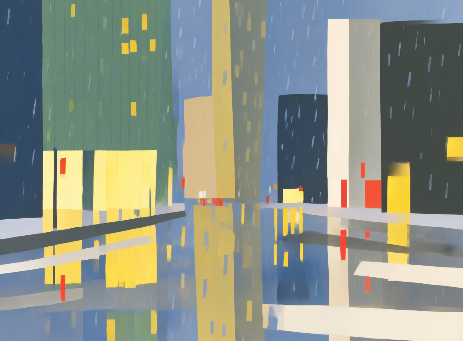 Yellow windows on wet blue street