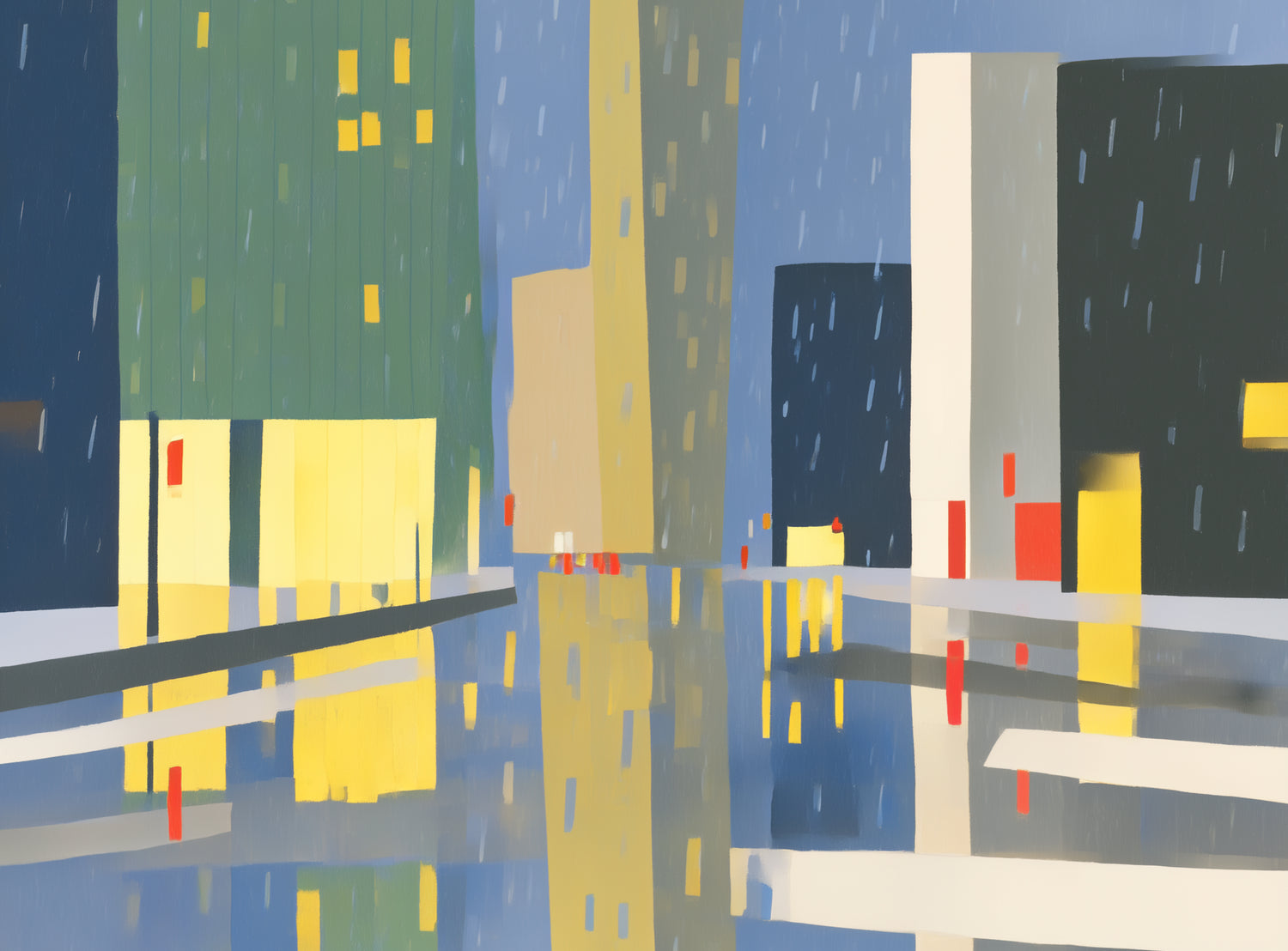 Yellow windows on wet blue street