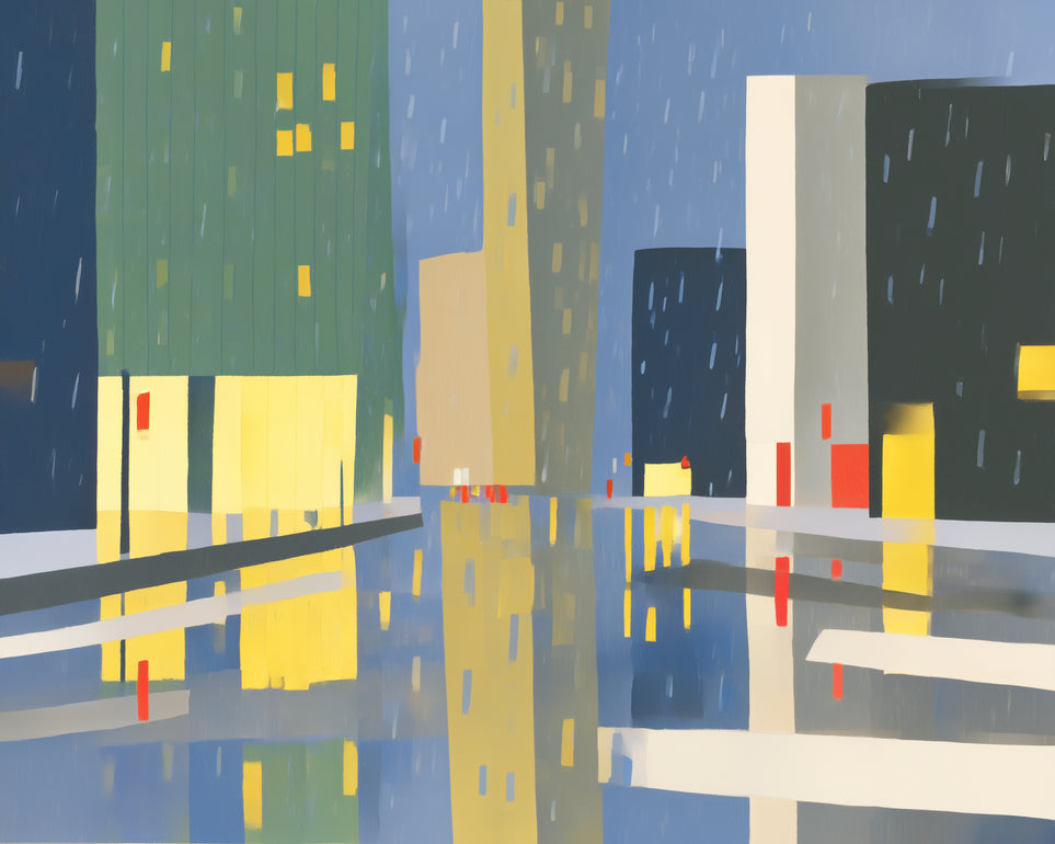 Yellow windows on wet blue street