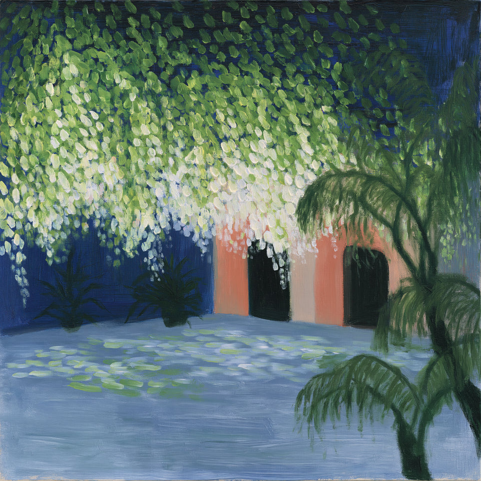 Doorway under falling blossoms