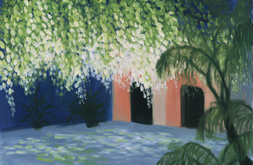 Doorway under falling blossoms