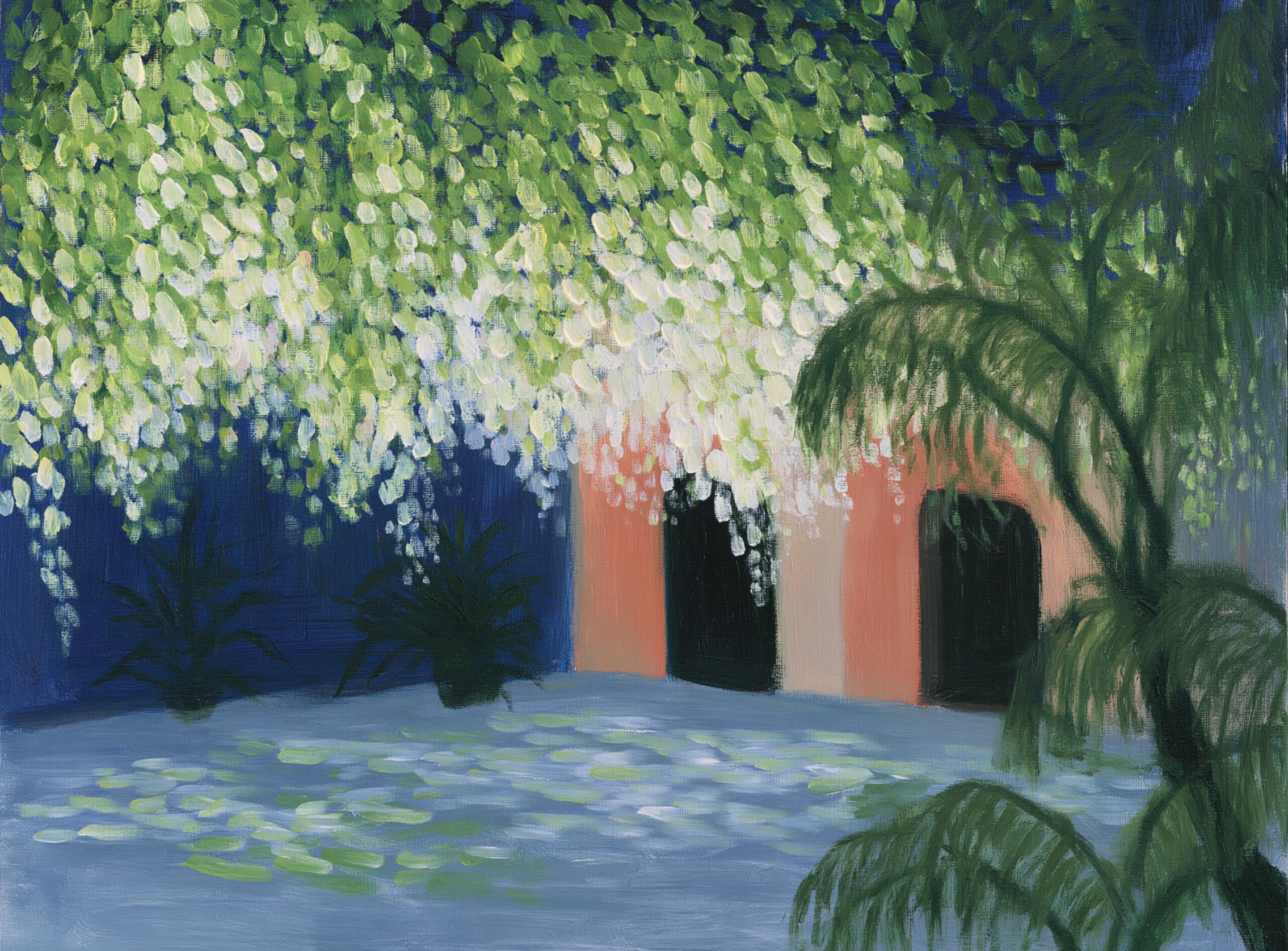 Doorway under falling blossoms