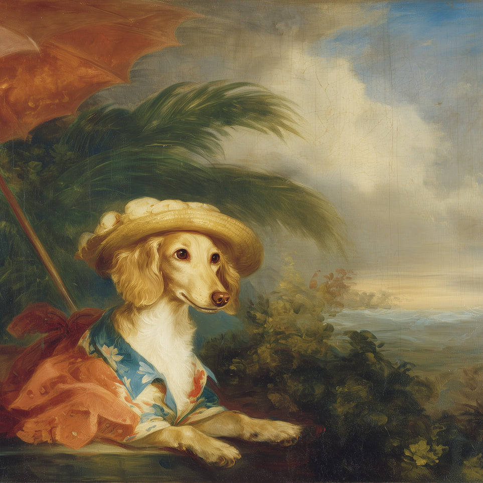 Red parasol over seaside dog