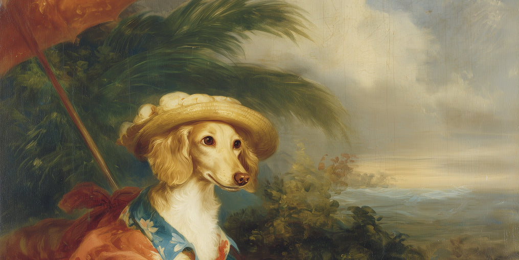 Red parasol over seaside dog