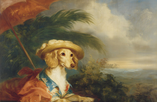 Red parasol over seaside dog
