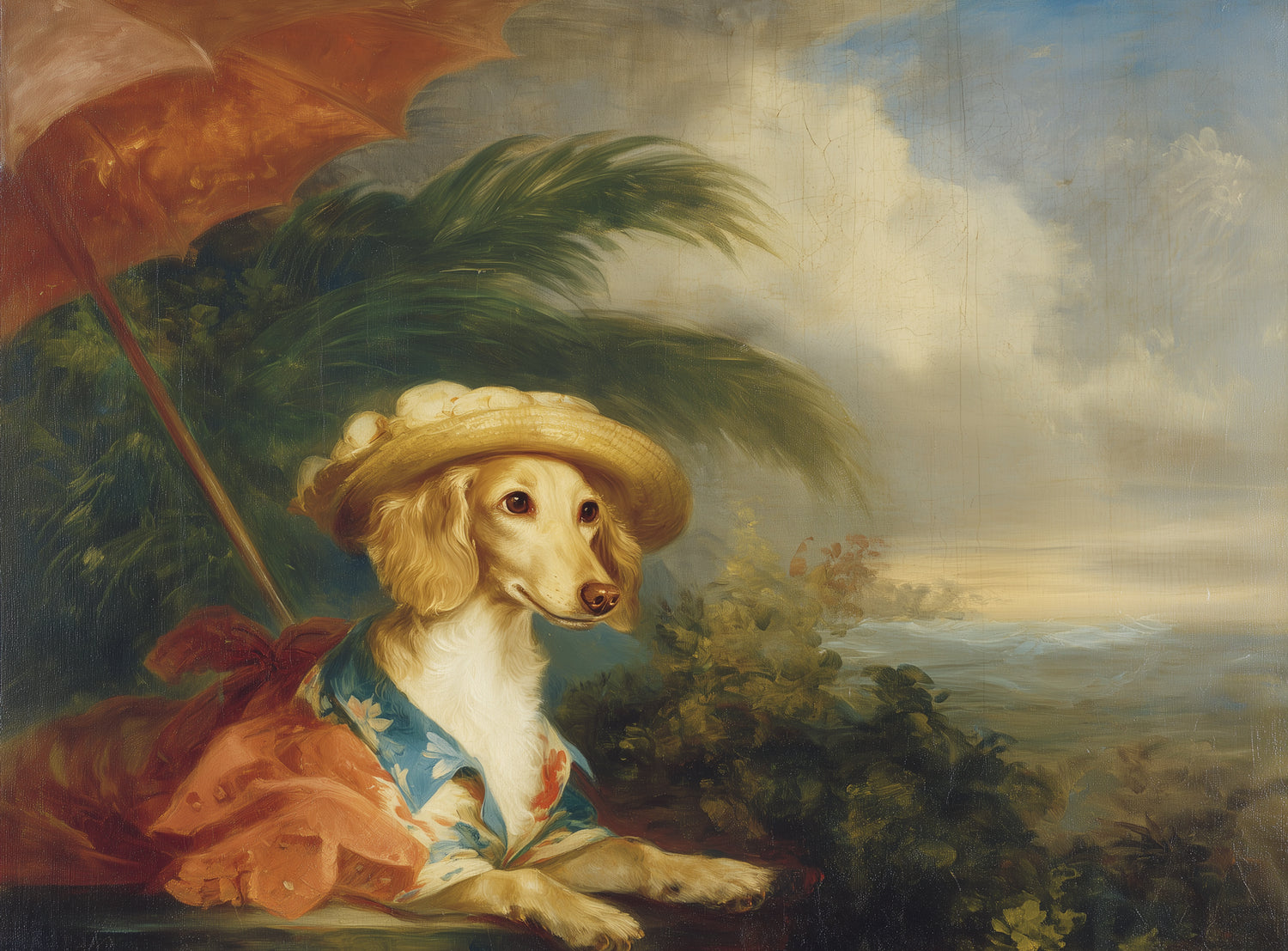 Red parasol over seaside dog