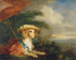 Red parasol over seaside dog