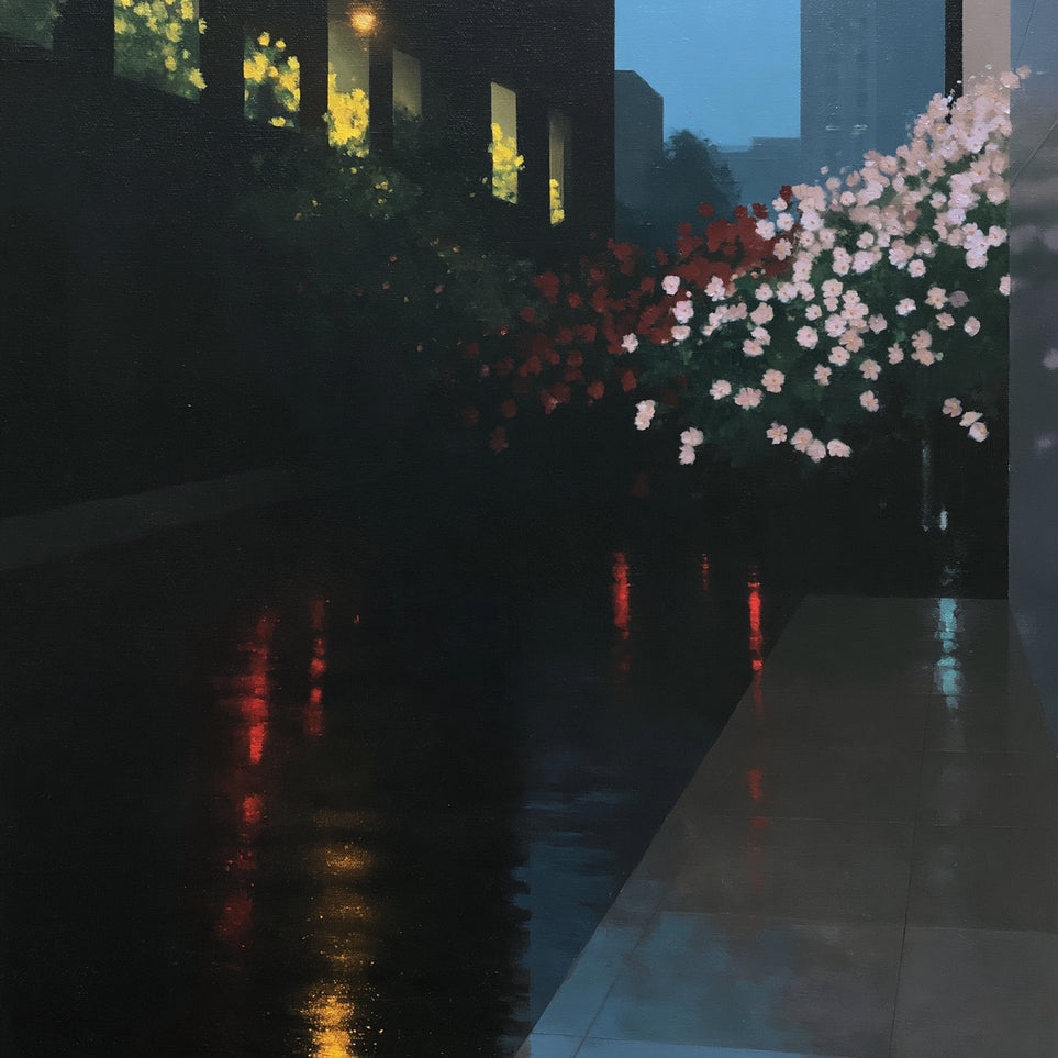 Flowers beside the wet windows