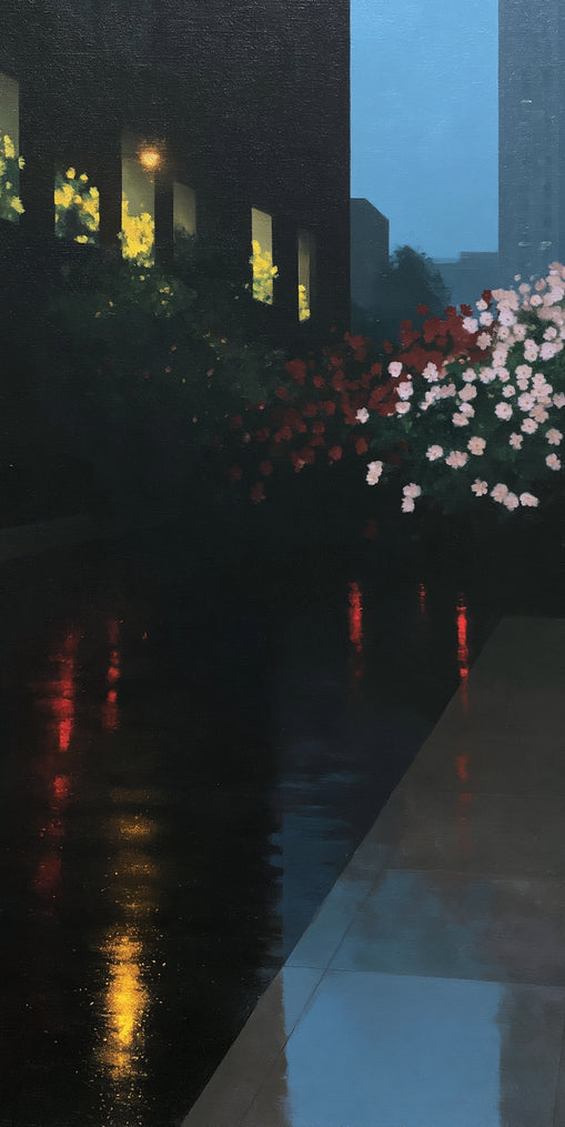 Flowers beside the wet windows