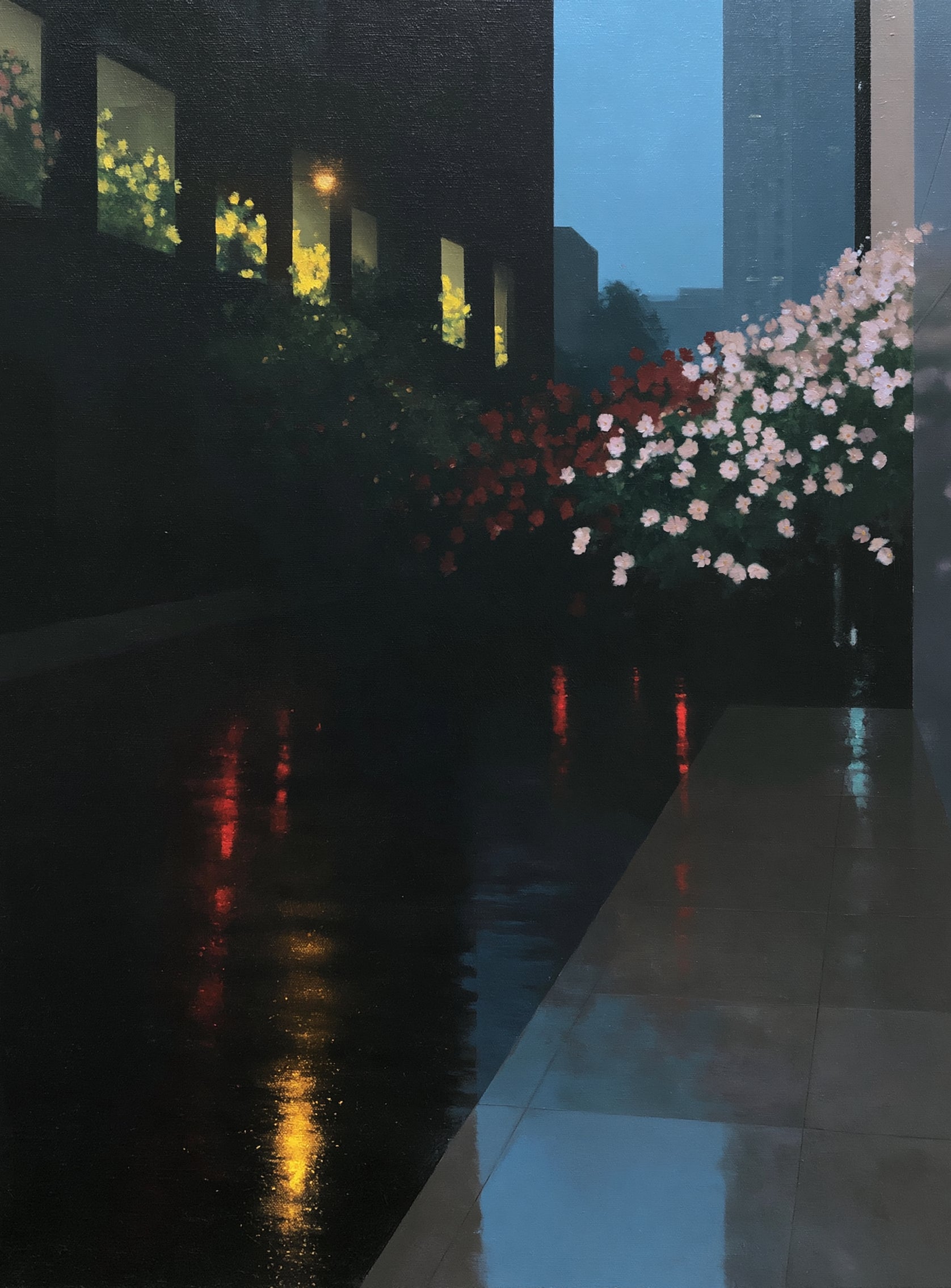 Flowers beside the wet windows