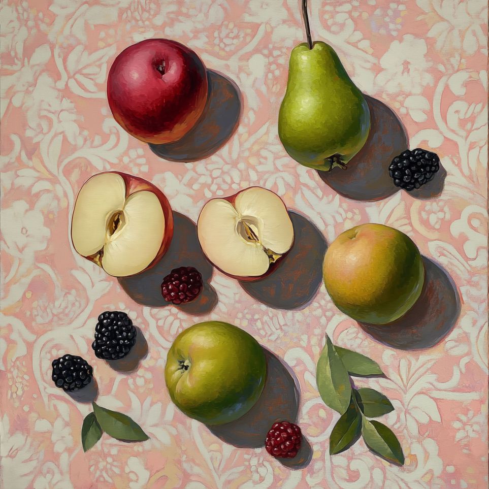 Apples, Pear, and Berries on Floral Fabric