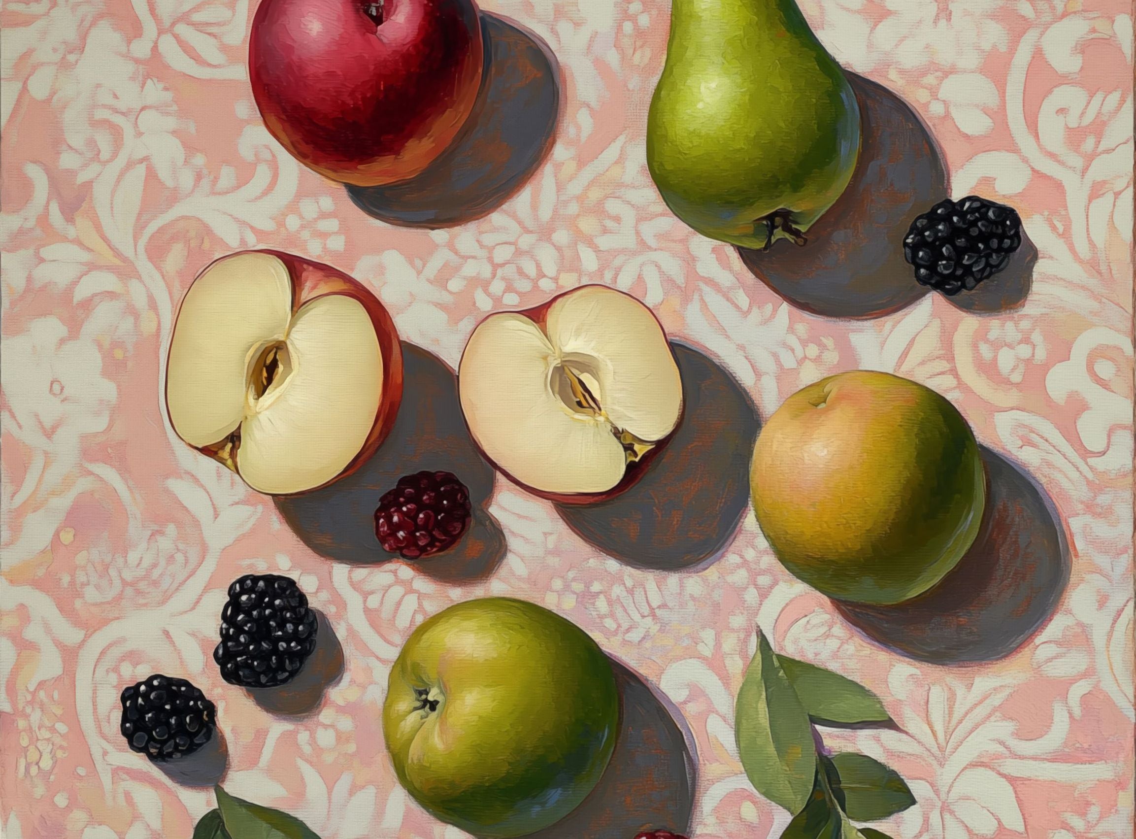 Apples, Pear, and Berries on Floral Fabric
