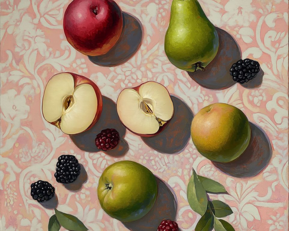 Apples, Pear, and Berries on Floral Fabric