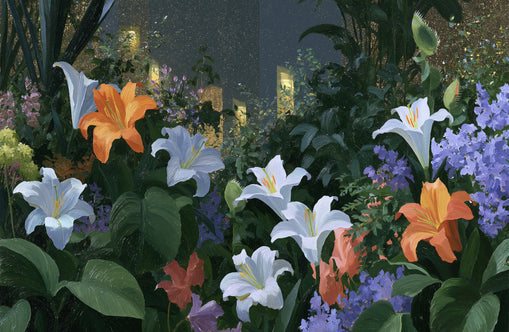 Lit windows beyond the lilies