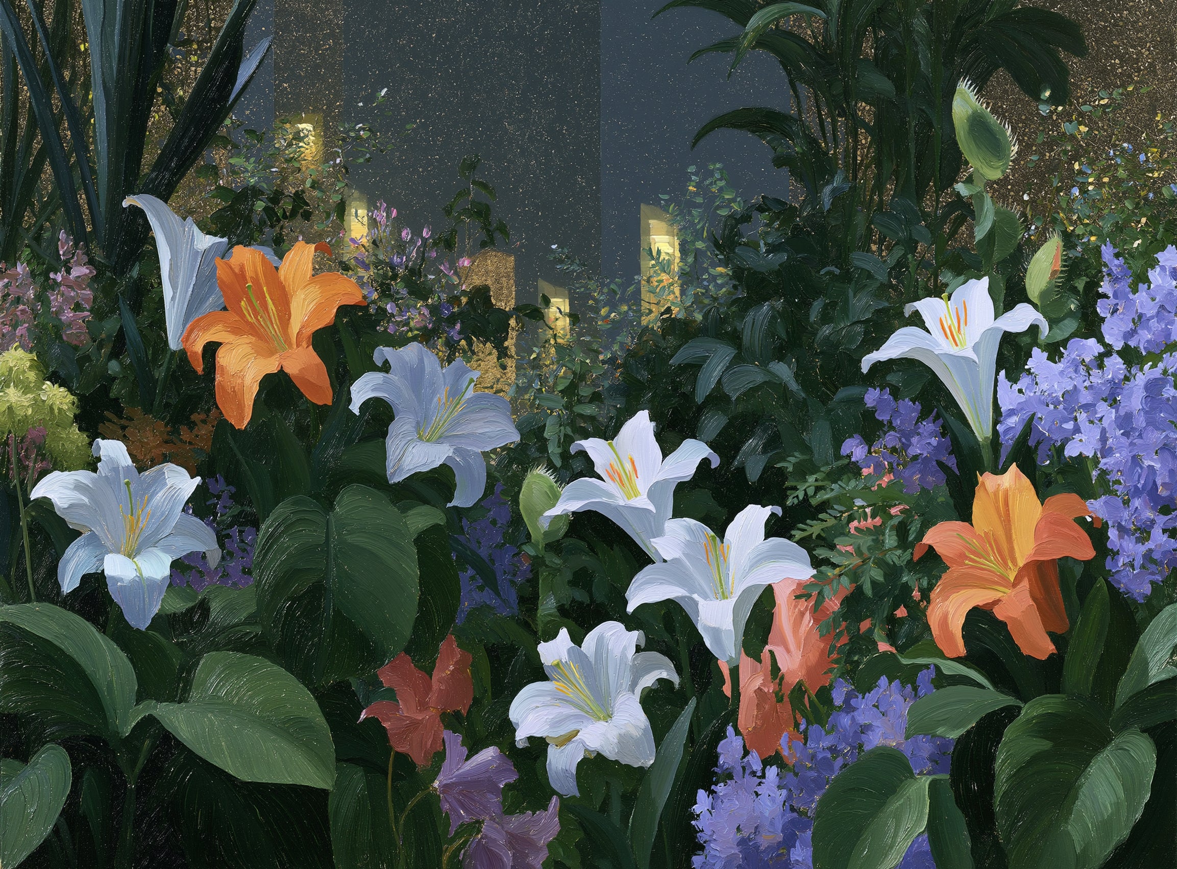 Lit windows beyond the lilies