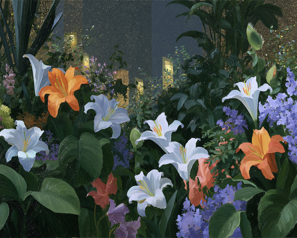 Lit windows beyond the lilies