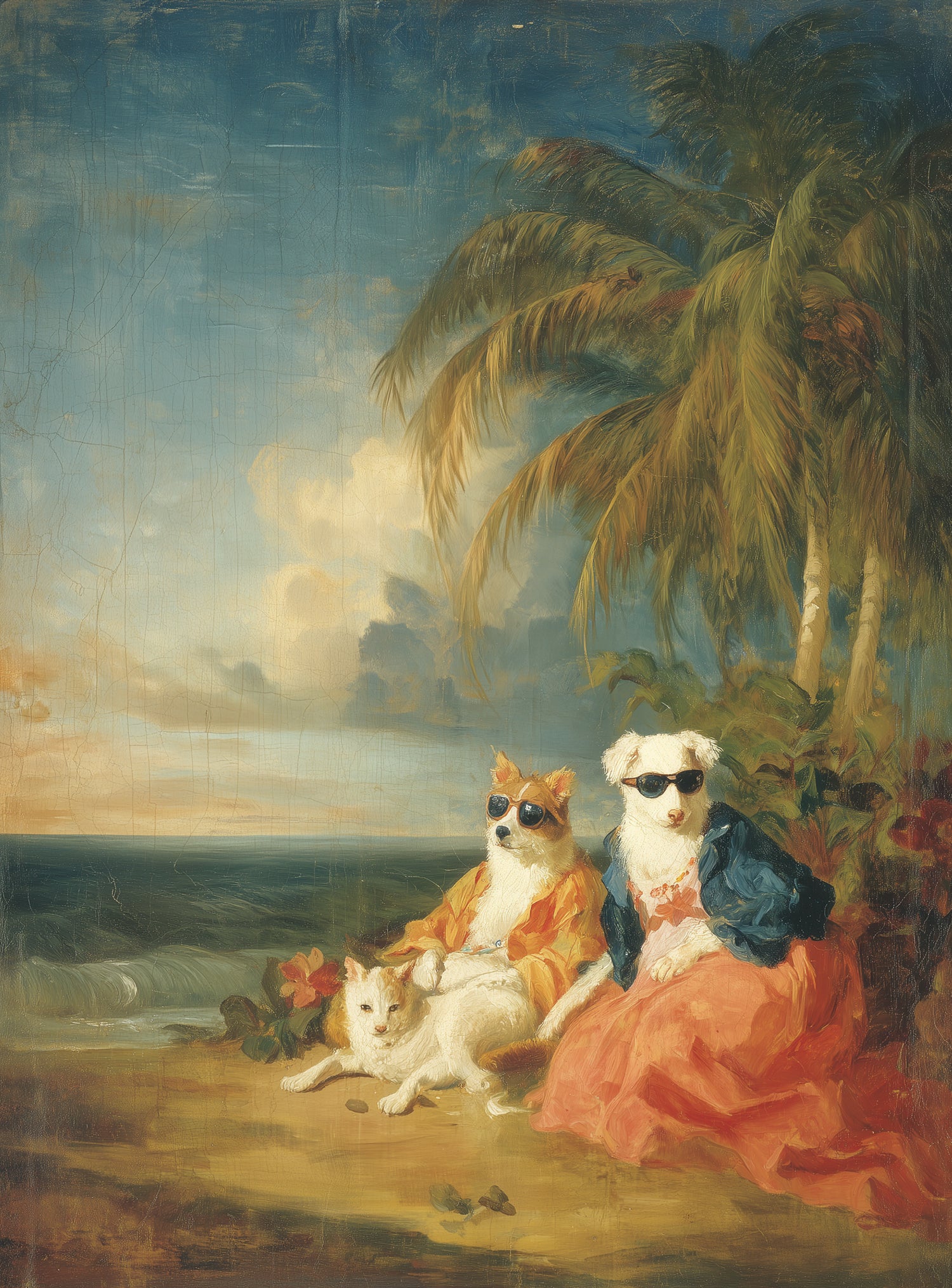 Sunglasses dogs under palms