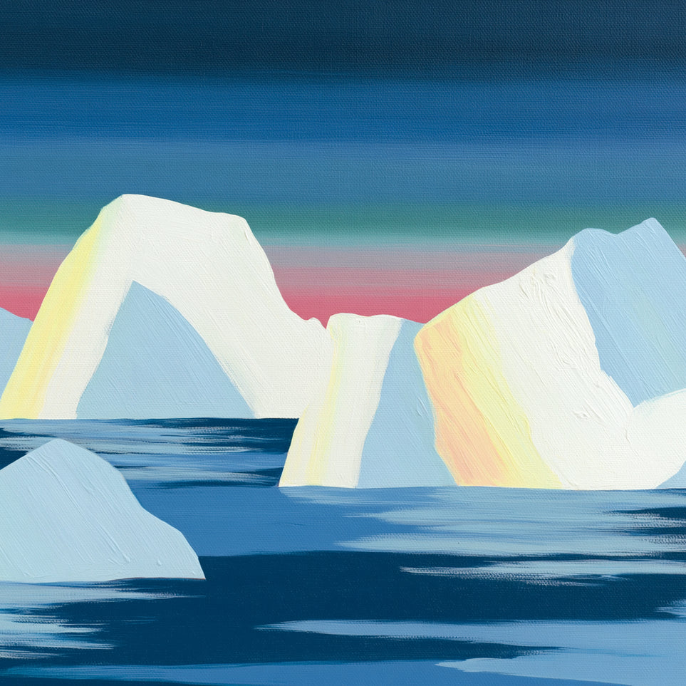 Icebergs under a pink banded sky